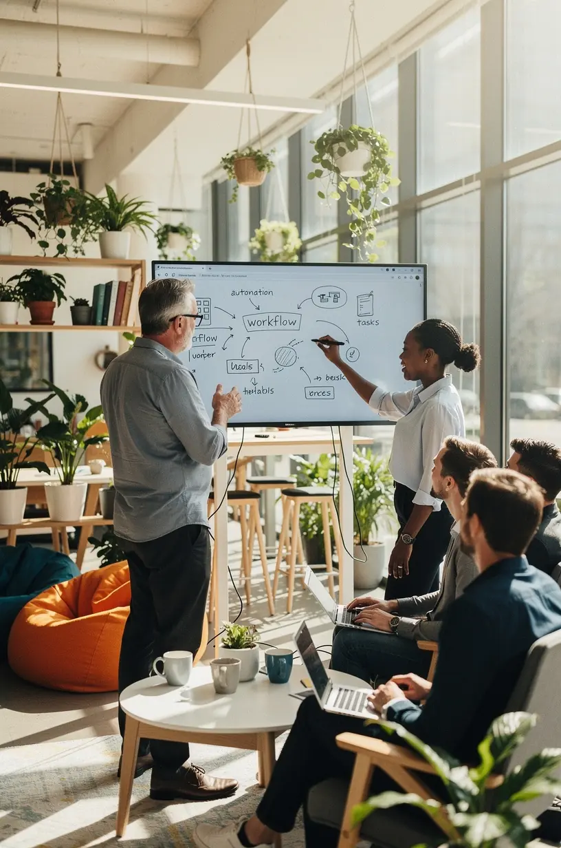 Illustration of robotic process automation streamlining repetitive tasks in a business setting.